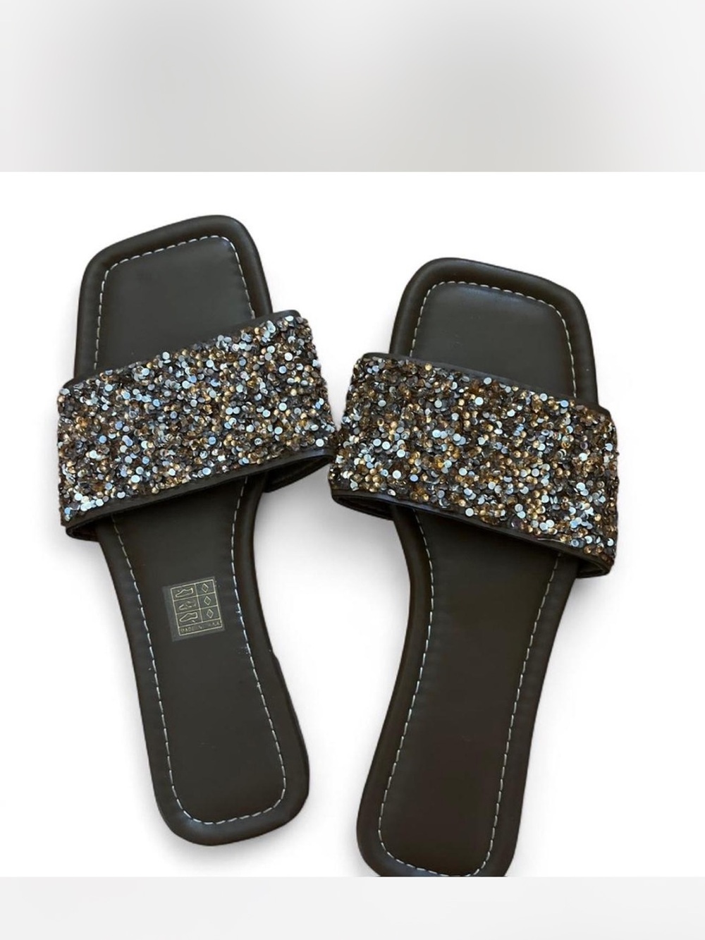 SHEIN Black Slide Sandals with Gold and Silver Sequin Strap
